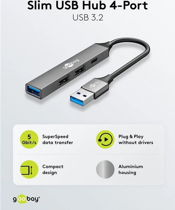 Wentronic goobay Slim 4-Port USB-Hub, 1x USB-A 3.0/1x USB-C 2.0/2x USB-A 2.0, USB-A 3.0 [Stecker]