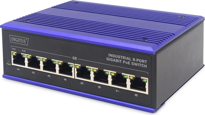 Digitus Professional DN-65 Gigabit Industrial Railmount Gigabit Switch, 8x RJ-45, 30W PoE+