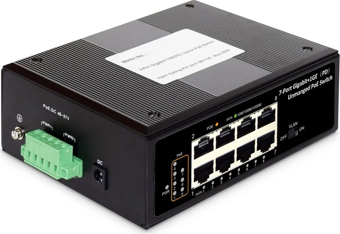 Digitus Professional Industrial Railmount Gigabit Switch, 8x RJ-45, PoE++ PD