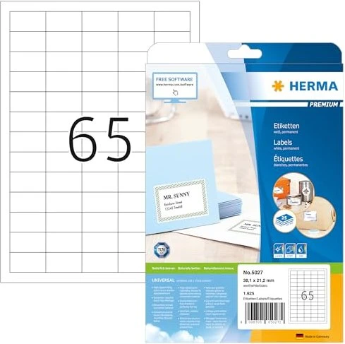 Herma Etiketten Premium, 38.1x21.2mm, weiß, matt, 25 Blatt (1625 Etiketten)