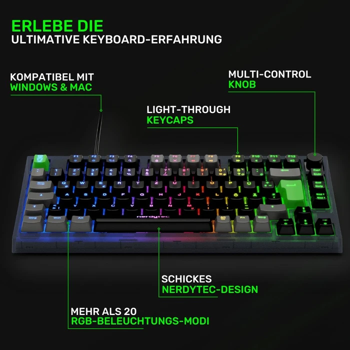 nerdytec Cykey QMK/VIA Gaming Keyboard, 75%, schwarz/transluzent, LEDs RGB, hot-swap, Gateron G Pro 3.0 YELLOW, USB, DE