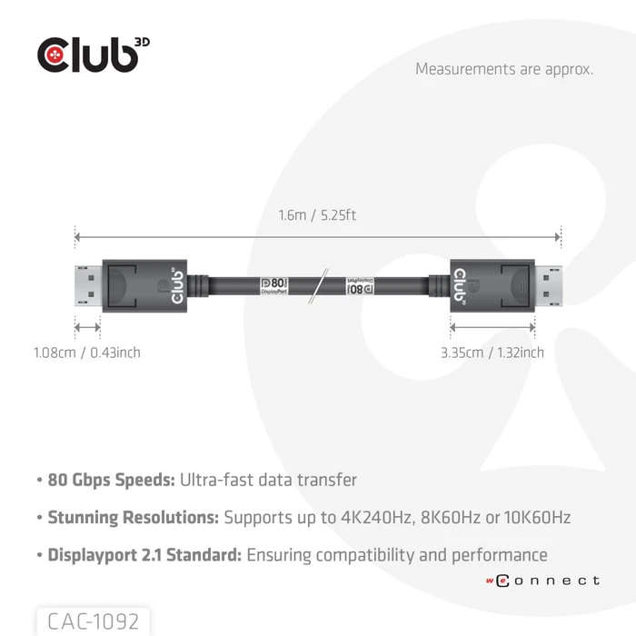 Club 3D DisplayPort 2.1 Kabel DP80 schwarz, 1.60m