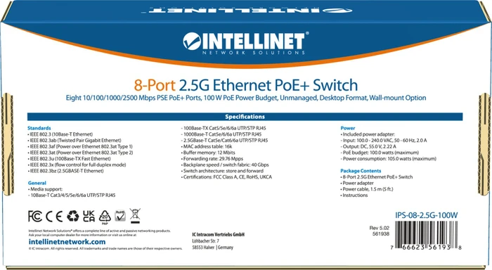 Intellinet Desktop 2.5G Switch, 8x RJ-45, 100W PoE+