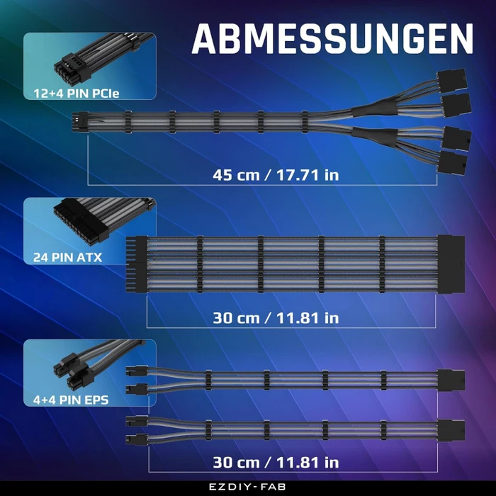 EZDIY-FAB 12VHPWR Cable Kit, 1x 24-Pin, 2x 4/8-Pin ATX, 1x 12VHPWR/4x 8-Pin PCIe, 16AWG, schwarz/grau