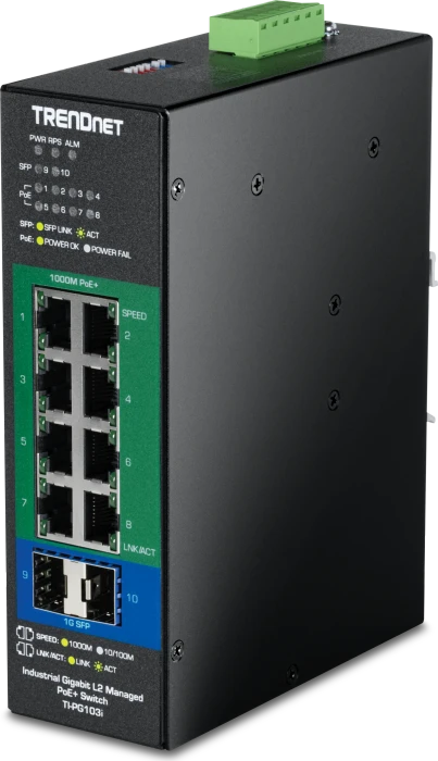 TRENDnet TI Hardened Industrial Railmount Gigabit Switch, 8x RJ-45, 2x SFP, 240W PoE+