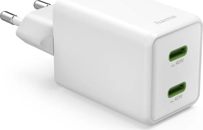 Hama Schnellladegerät GaN 2x USB-C Super-Mini-Ladegerät PD 40 W weiß