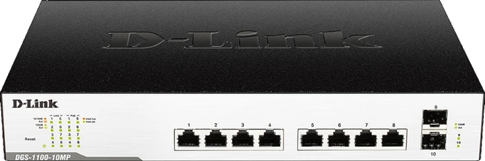D-Link DGS-1100 Desktop Gigabit Smart Switch, 8x RJ-45, 2x SFP, 130W PoE+