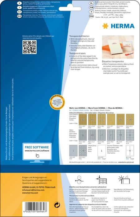 Herma Folienetiketten, 45.7x21.2mm, wetterfest, transparent, glänzend, 10 Blatt (10 Etiketten)