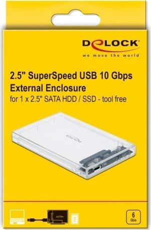 DeLOCK External Enclosure, transparent, 9.5mm, 2.5", USB-C 3.1