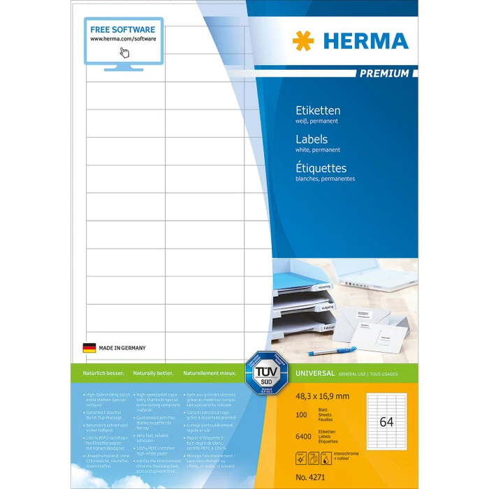 Herma Etiketten Premium, 48.3x16.9mm, weiß, matt, 100 Blatt (6400 Etiketten)
