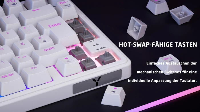 ISY IGK-6500 Gasket Mount Gaming Tastatur, 75% Layout, weiß, LEDs RGB, hot-swap, Outemu Red, USB, DE