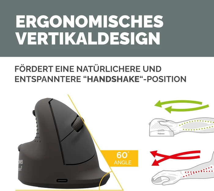 Fellowes Breyta Plus Vertical Mouse, medium, Linkshänder, schwarz, USB/Bluetooth