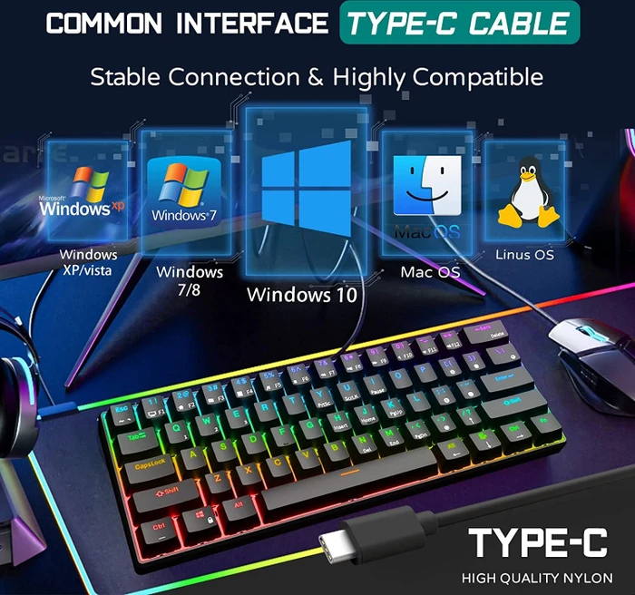 RK Royal Kludge RK61 60% Wired, schwarz, LEDs RGB, hot-swap, RK RED, USB, US