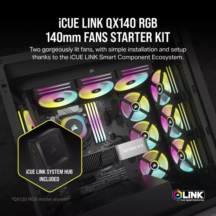 Corsair iCUE LINK QX140 RGB Starter Kit, schwarz, LED-Steuerung, 140mm, 2er-Pack