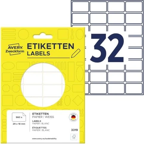 Avery-Zweckform Mini-Organisationsetiketten Sonderformat, 29x18mm, weiß, 30 Blatt (960 Etiketten)