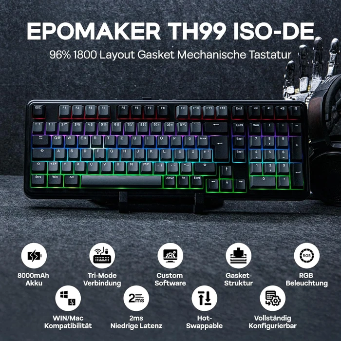 Epomaker TH99 Wireless, schwarz, LEDs RGB, hot-swap, Epomaker Sea Salt, USB/Bluetooth, DE