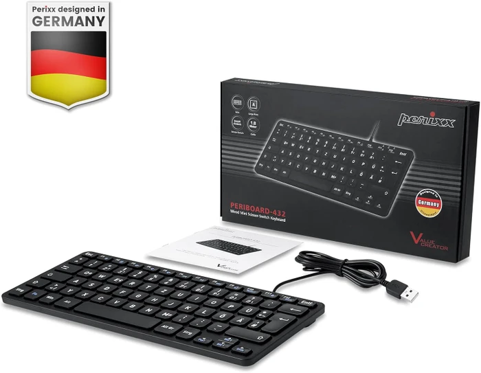 Perixx Periboard-432 Wired Slim Mini Scissor Keyboard, schwarz, USB, DE