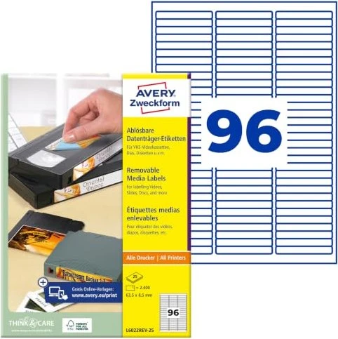 Avery-Zweckform Etiketten für Speichermedien, 63.5x8.5mm, weiß, 25 Blatt (2400 Etiketten)