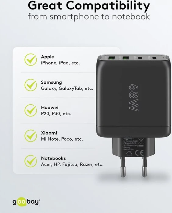 goobay 4-Port GaN Netzteil, USB-C/USB-A, 2x USB-C + 2x USB-A, 68W, schwarz