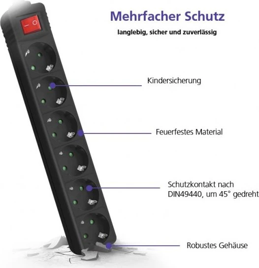 Helos CLASSIC Steckdosenleiste mit Schalter, 6-fach, 1.5m, schwarz