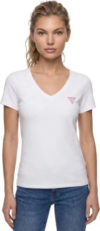 Guess Stretch Logo-Dreieck V-Neck T-Shirt kurzarm weiß (Damen)