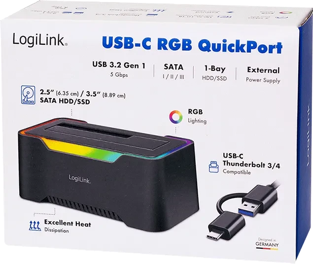 LogiLink USB 3.1 Quickport für 2.5"/3.5" SATA HDD/SSD mir RGB-Beleuchtung, schwarz, USB-C 3.1