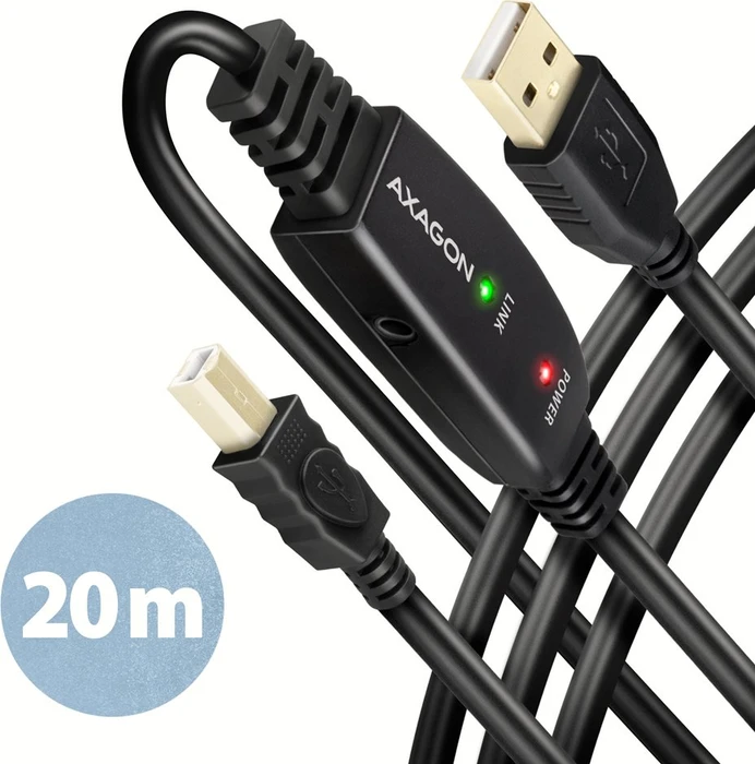 Axagon USB Adapterkabel, USB 2.0, 480Mb/s, USB-A 2.0 [Stecker] auf USB-B 2.0 [Stecker], aktiv, Adapterkabel, 20m
