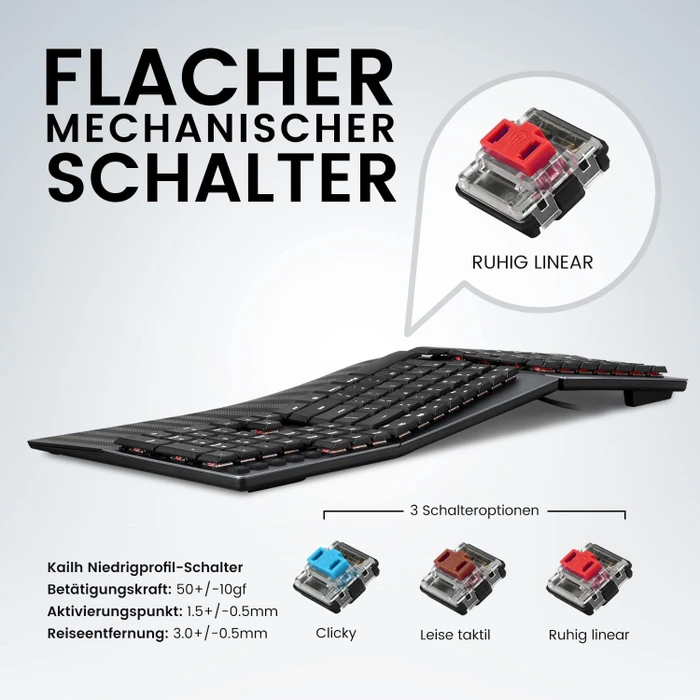 Perixx Periboard-535 Ergo, schwarz, Kailh Choc LOW PROFILE RED, USB, DE