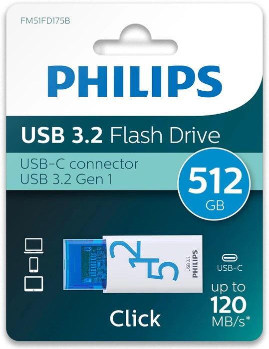 Philips Flash Drive Click Edition 512GB weiß/blau, USB-C, USB 3.2 Gen 1×1
