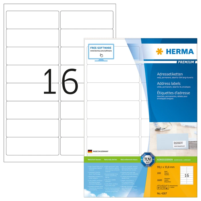 Herma Etiketten Premium, 99.1x33.8mm, weiß, matt, 100 Blatt (1600 Etiketten)