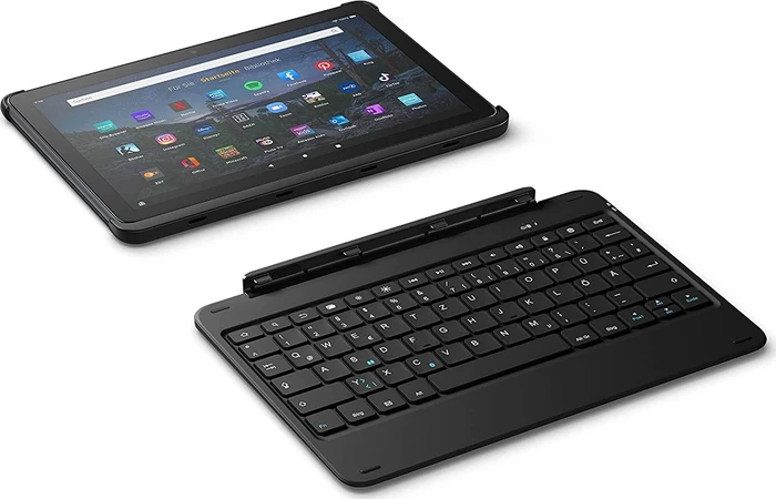 Amazon Fire HD 10 Plus KFTRPWI 2021, ohne Werbung, schwarz, 64GB, mit Bluetooth Tastatur
