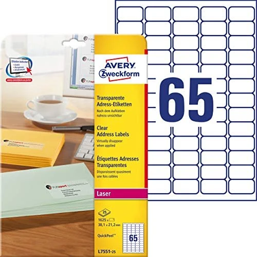 Avery-Zweckform Adressetiketten, 38.1x21.2mm, transparent, 25 Blatt (1625 Etiketten)
