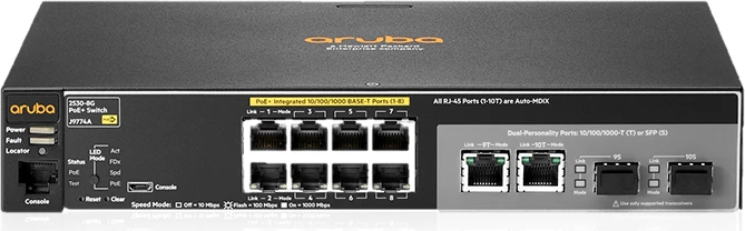 HPE Aruba 2530 8G Desktop Gigabit Managed Switch, 8x RJ-45, 2x RJ-45/SFP, 67W PoE+