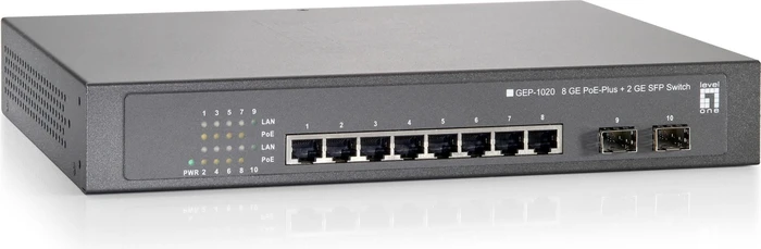 LevelOne GEP Desktop Gigabit Switch, 8x RJ-45, 2x SFP, 140W PoE+