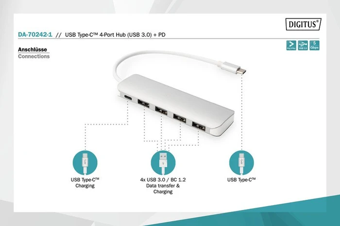 Digitus USB-Hub, 4x USB-A 3.0, USB-C 3.0 [Stecker]