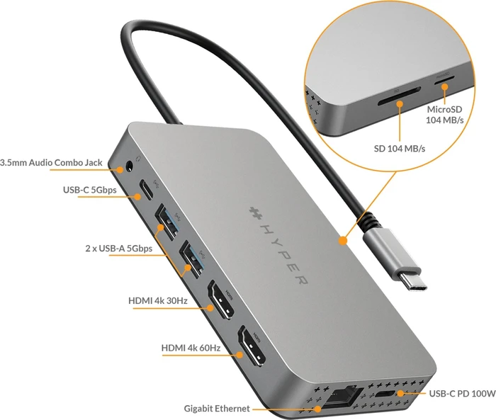 Targus HyperDrive Dual 4K HDMI 10-in-1 USB-C Hub, USB-C 3.0 [Stecker]