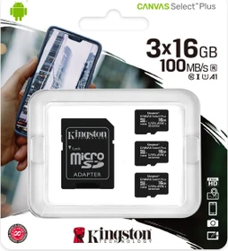 Kingston Canvas Select Plus R100 16GB Kit, UHS-I U1, A1, Class 10, 3er-Pack