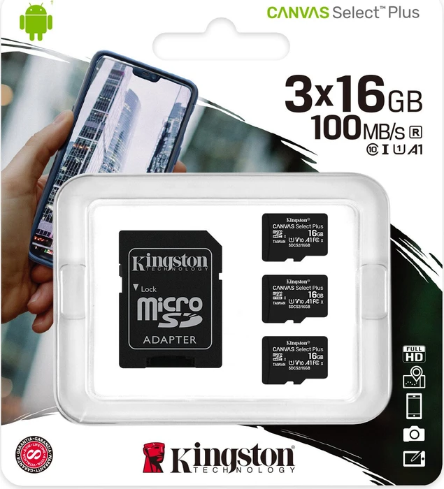 Kingston Canvas Select Plus R100 16GB Kit, UHS-I U1, A1, Class 10, 3er-Pack