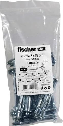 fischer HM 5x65 S B Hohlraum-Metalldübel Schrauben/Dübel-Sortiment, 20 Stück