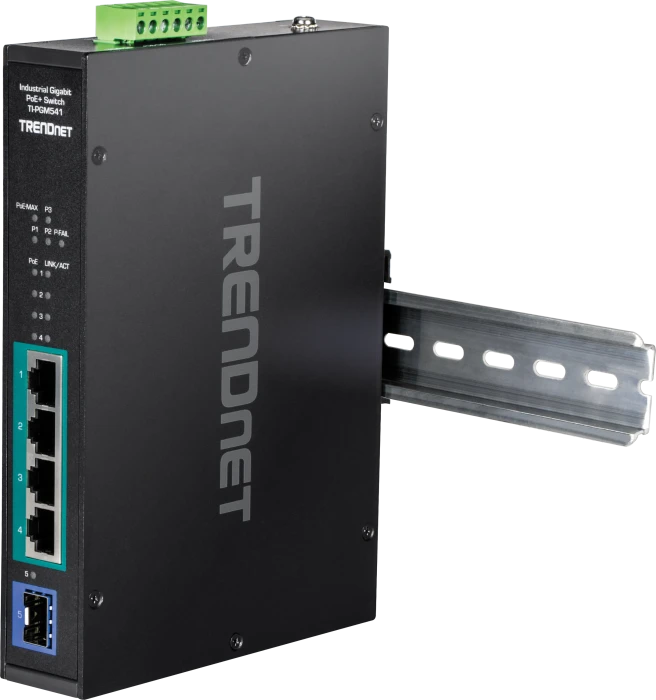 TRENDnet TI Hardened Industrial Railmount Gigabit Switch, 4x RJ-45, 1x SFP, 120W PoE+