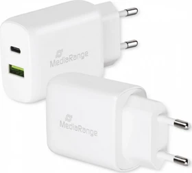 MediaRange 25W GaN Schnellladeadapter (EU-Stecker) 1x USB-C/1x USB-A Power Delivery/Quick Charge weiß