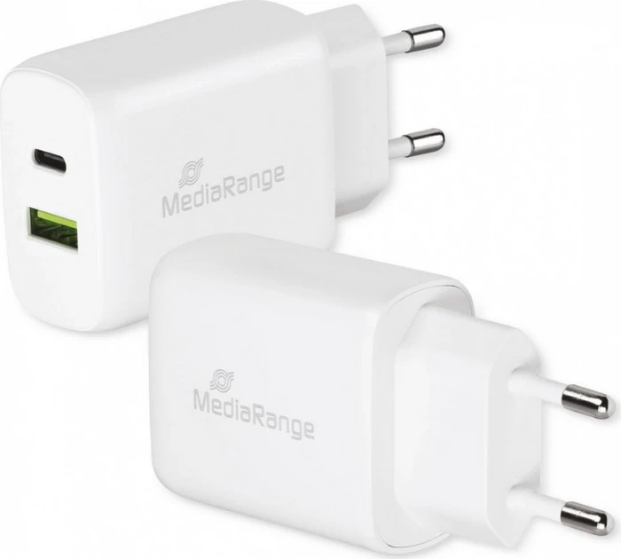 MediaRange 25W GaN Schnellladeadapter (EU-Stecker) 1x USB-C/1x USB-A Power Delivery/Quick Charge weiß