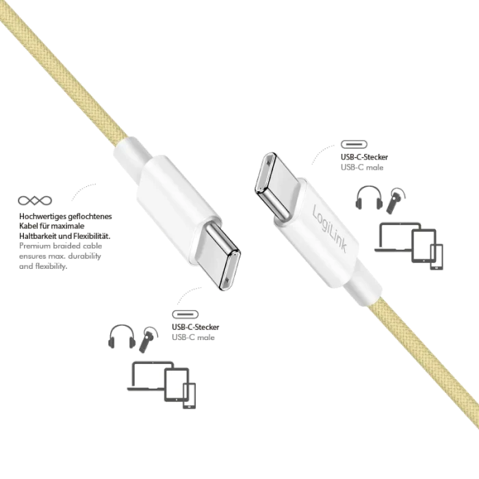 LogiLink USB-C Kabel, USB 2.0, 480Mb/s, 60W PD, USB-C Stecker auf USB-C Stecker, Nylon, gelb, 0.5m