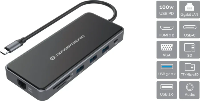 Conceptronic DONN15G 12-in-1 Dockingstation, USB-C 3.0 [Stecker]