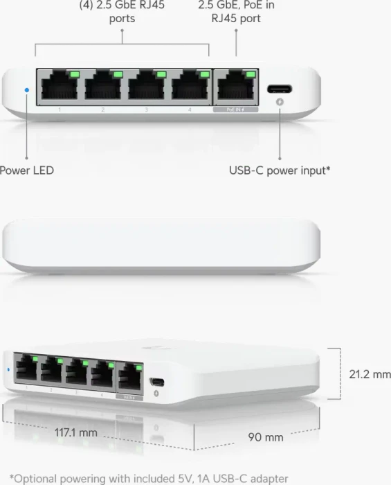 Ubiquiti UniFiSwitch Flex Mini Desktop 2.5G Smart Switch, 5x RJ-45, PoE PD
