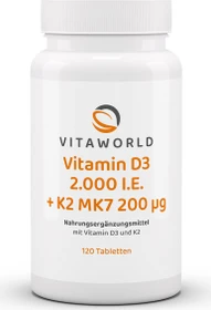 vitaworld Vitamin D3 2.000 I.E. + K2 MK7 200µg Tabletten, 120 Stück