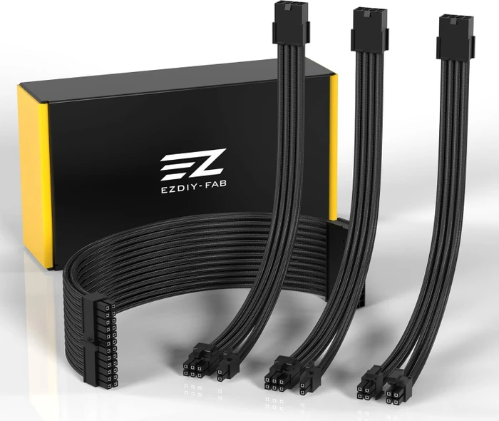 EZDIY-FAB Cable Extension Kit, 1x 24-Pin, 1x 4/8-Pin ATX, 2x 8-Pin PCIe, 18AWG, schwarz