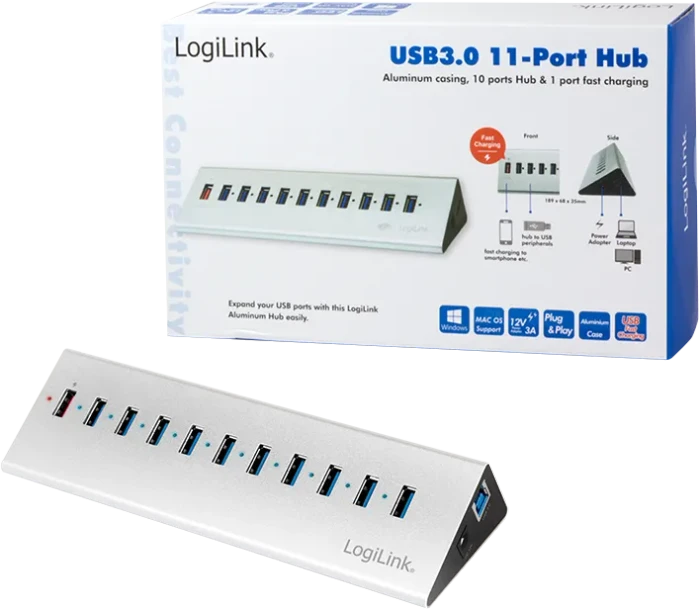 LogiLink Aluminium USB-Hub, 11x USB-A 3.0, USB 3.0 Micro-B [Buchse]