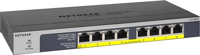 Netgear ProSAFE GS100 Desktop Gigabit Switch, 8x RJ-45, 123W PoE+