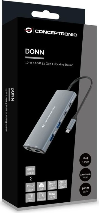 Conceptronic 10-in-1 Dockingstation, USB-C 3.0 [Stecker]